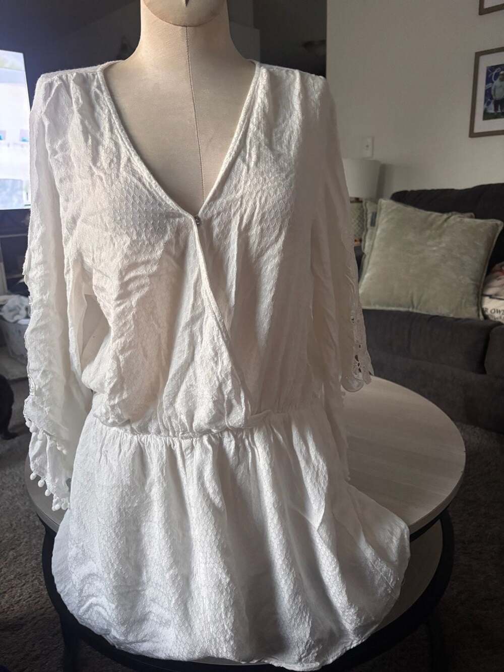 White Embroidered Romper with Pom Pom Trim and Long Sleeves Size L